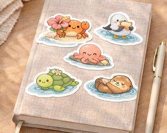 Kawaii oceaan stickervel | Zeedieren, kustrust, waterdichte vinyl stickers
