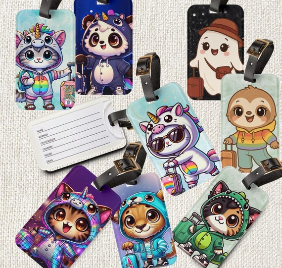 Cute Animal Luggage Tags, Travel Tags featuring Kawaii Cats, Sloths, Cute Ghosts, and Lion Characters, Backpack and Baggage Tag
