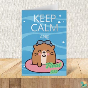 Gardez votre calme, continuez avec une jolie carte de voeux de loutre - Mignon flotteur Kawaii avec enveloppe, cadeau d'encouragement pour les amateurs de loutres, blanc à l'intérieur