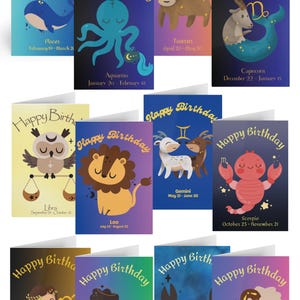 Set mit 12 Sternzeichen Geburtstagskarten, lebendige, matte Astrologie-Designs, ideal für personalisierte Geburtstagsgrüße und durchdachte Geschenke