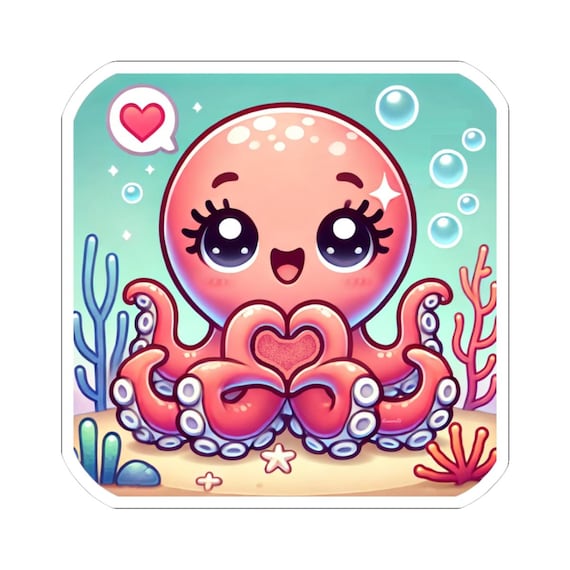 Kawaii Octopus Love Sticker, Cute Round Vinyl Ocean Animal Decal for Water Bottles, Journals, Notebooks, Kawaii Sea Creature, Joyful Sticker
