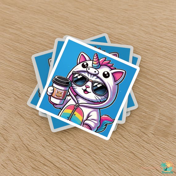 Cat Coffee Decal, Cute Vinyl Sticker, Colorful Laptop Decal, Kawaii Cat Drink Coffee, Car Window Decal, Water Bottle Sticker, Cat Lover Gift