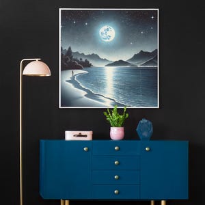 Mondschein im Tropenparadies Wandbild | Serene Moonlit Beach Poster & Küstendeko | Aquarell Bay Gemälde