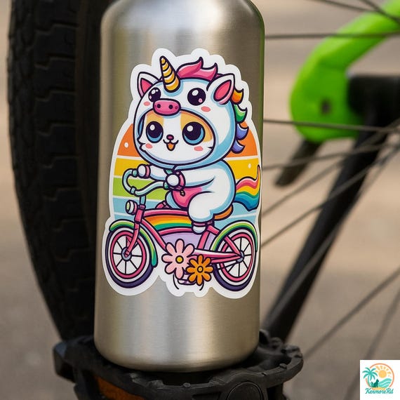 Rainbow Unicorn Kawaii Cat Sticker, Vinyl Kitty Decal and Helmet Stickers