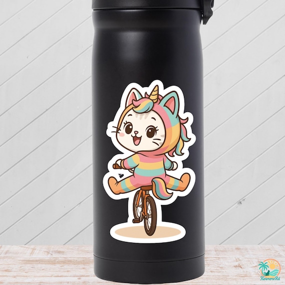 Cute Kawaii Cat Vinyl Sticker 3x4" – Bike Riding Cat Decal, Bright & Fun Gear Decor, Perfect Gift for Cat Lovers, Joyful Decal, Cute Animals
