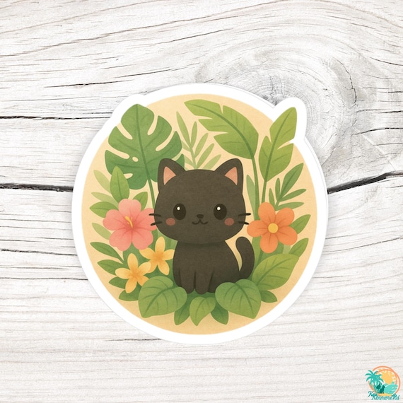 Black Kitten Vinyl Sticker 3x4" Round, Tropical Leaves & Flowers Pastel Aesthetic Decor, Cute Laptop and Water Bottle Decal, Cat Lovers Gift