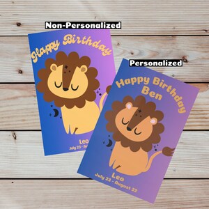 Carte d'anniversaire Lion mignon avec enveloppe, personnalisée ou standard, 1 ou 10 pièces, voeux d'anniversaire du zodiaque