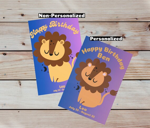 Birthday Card Leo Cute Blank with Envelope, Personalized or Standard, 1 or 10-pcs Set, Zodiac Birthday Greeting