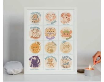 Zodiac Astrology Chart Poster | Kawaii Astrological Signs Wall Art | Birthday Gift for Astrology Lover