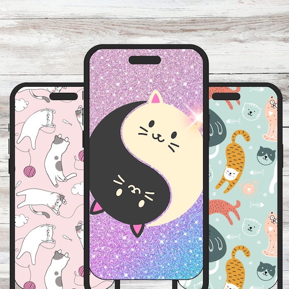 Cats & Kittens Aesthetic Digital Backgrounds, Lock Screen, Phone Wallpapers Set for iPhone and Android