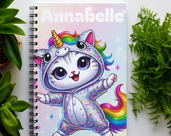 Diario de escritura de gato kawaii: cuaderno espiral personalizado de rayas anchas