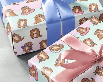 Kawaii Otter Wrapping Paper | Ocean Animal Gift Wrap Sheet, Birthday Present Paper
