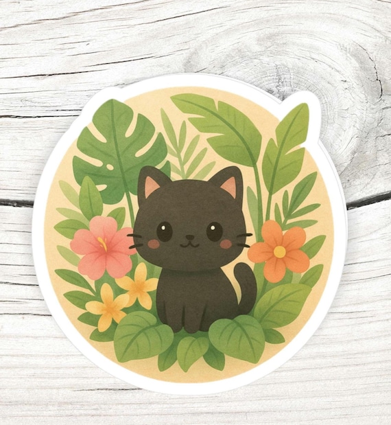 Black Kitten Vinyl Sticker: Tropical Pastel Laptop Decal