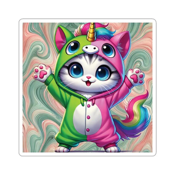 Cute Good and Evil Kawaii Kitten in Unicorn Onesie Design, Laptop Decals, Planner Stickers, Journal Decor, Water Bottle