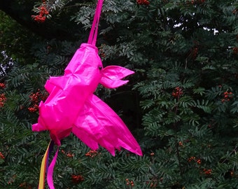 Small Flying Pig windsock with rainbow tails