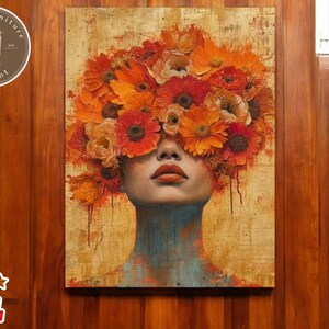 Impressão de arte de outono quente | Pôster em tela floral | Arte de rosto feminino | Decoração de sala de estar de outono | Toque neutro para casa
