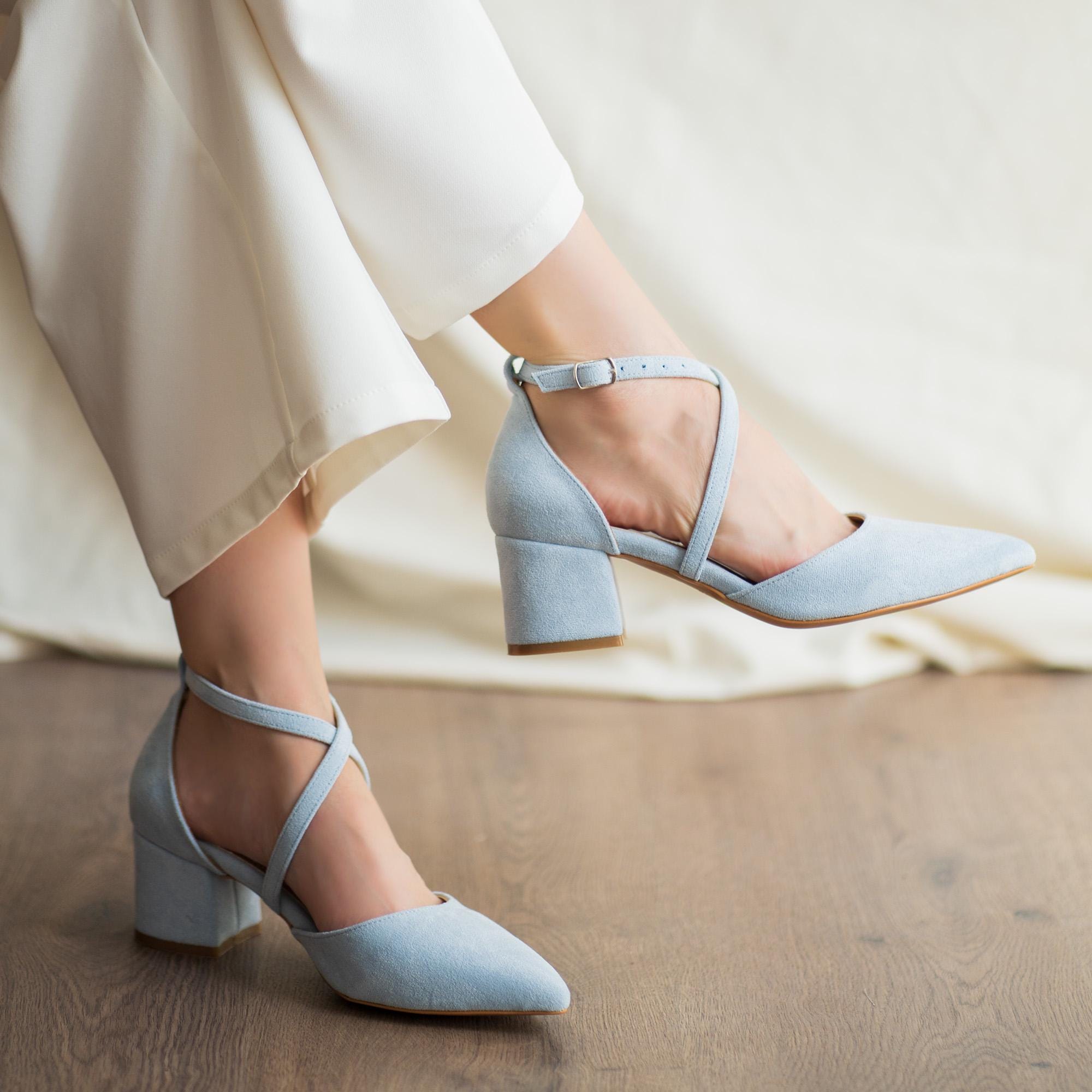 Baby Blue Suede Short Thick heeled Ankle strap Women s Heels Etsy Canada