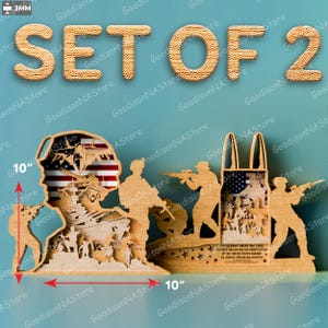Veteran Silhouette Layered Sign SVG Set of 2, Patriotic Military Soldier Cut File for Memorial, Independence Day, Veteran Table Decor /G345