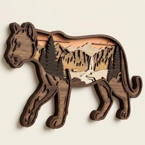 May include: A multi-layered wooden wall art piece shaped like a mountain lion. The dark wood silhouette frames a detailed landscape featuring layered pine trees, jagged mountain peaks, a flowing waterfall, and a small animal figure in the center.