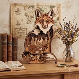 May include: A multi-layered wooden fox sculpture featuring a cutout forest scene with a deer, bear, and wolf. The fox is crafted from various shades of wood, showcasing intricate details. It stands as a decorative piece with a natural finish.
