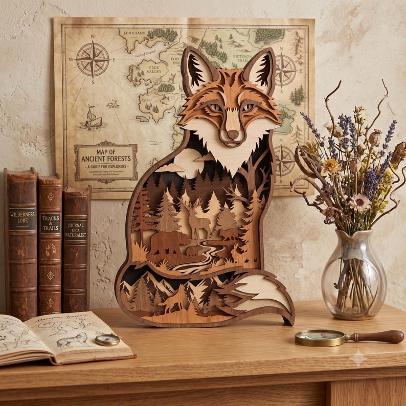 May include: A multi-layered wooden fox sculpture featuring a cutout forest scene with a deer, bear, and wolf. The fox is crafted from various shades of wood, showcasing intricate details. It stands as a decorative piece with a natural finish.