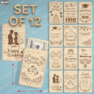 Op de afbeelding: Een set van 12 houten cadeaubonnenhouders met verschillende gegraveerde ontwerpen. Ontwerpen zijn onder meer "Happy Wedding", "Happy Birthday" en afstudeerthema's. De houders zijn ongeveer 11,4 cm lang.