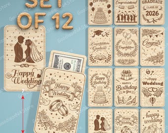 Paquete SVG de portamonedas para bodas, cumpleaños y graduación, plantilla de portatarjetas de regalo con sobre cortado a láser, juego de 12 tarjetas de madera para billetes /G569