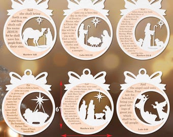 May include: Set of six white wooden Christmas ornaments with a laser-cut design of the Nativity scene and Bible verses. Each ornament is 6 inches in diameter and features a different scene from the Christmas story. The ornaments are perfect for adding a traditional touch to your holiday decor.