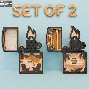 Caja de sombras SVG para encendedor de camping, escena de caravana y fogata en el bosque, regalo con frase de viaje al atardecer para campistas, letrero de pared para amantes de la aventura /G190