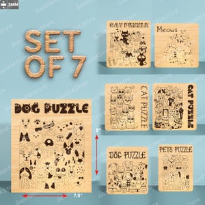 May include: A set of seven wooden puzzles with engraved animal designs. The large puzzle is 7.5 inches wide and 8 inches tall, labeled "DOG PUZZLE." Other puzzles feature cats and dogs, with the text "CAT PUZZLE," "Meows," and "PETS PUZZLE."