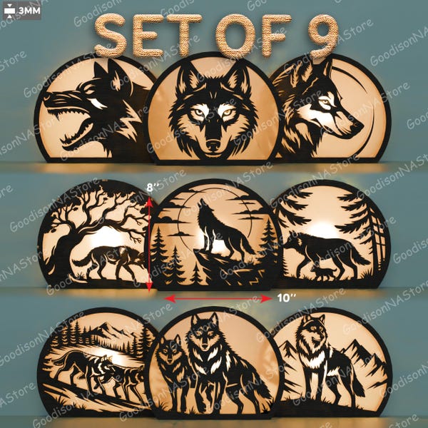 Wolf schaduwlantaarn bundel, decor wilde dieren silhouet lightbox, boswolf kunst aan de muur, rustieke natuurlamp, cadeau idee natuurliefhebber /G420