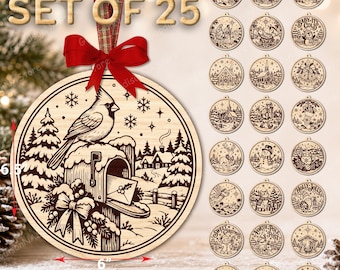 May include: A set of 25 round wooden Christmas ornaments, each 3mm thick, measuring 16.5 cm by 15.2 cm. The ornaments feature laser-engraved winter scenes including a cardinal on a mailbox, snow-covered trees, and holiday motifs.