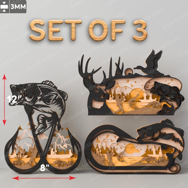 Archivo de corte láser multicapa con escena de caza y pesca / Regalos para papá, papá, papá, papá, cumpleaños, caza y pesca / G096