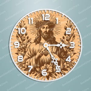 May include: A round wooden wall clock featuring a detailed depiction of Jesus Christ with a crown of thorns, surrounded by floral elements. The clock has white numerals and hands, with a white border. The clock's diameter is approximately 12 inches.