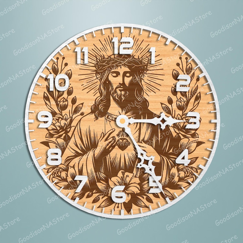 May include: A round wooden wall clock featuring a detailed depiction of Jesus Christ with a crown of thorns, surrounded by floral elements. The clock has white numerals and hands, with a white border. The clock's diameter is approximately 12 inches.