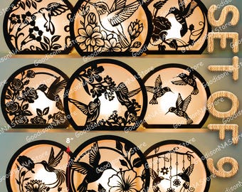 Juego de 9 faroles de colibrí con siluetas florales, elegante lámpara decorativa de pájaro cortada a láser, faroles con temática natural para jardín o hogar /G313