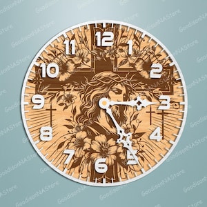 May include: A round wooden wall clock featuring a detailed depiction of Jesus Christ on the cross, surrounded by floral elements. The clock face has white numerals and hands, with a white border. The clock is a religious-themed home decor item.
