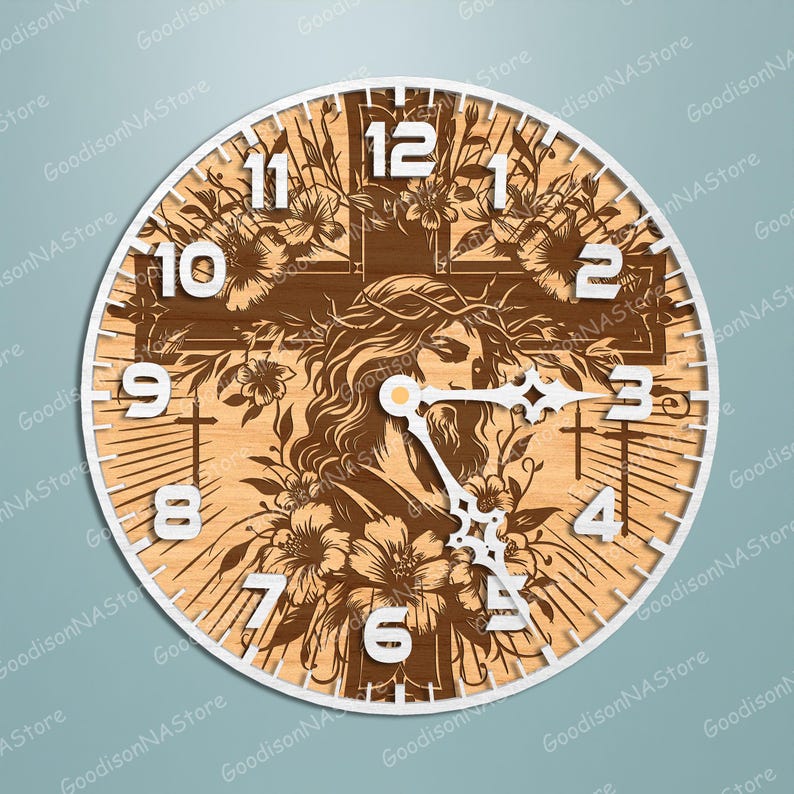May include: A round wooden wall clock featuring a detailed depiction of Jesus Christ on the cross, surrounded by floral elements. The clock face has white numerals and hands, with a white border. The clock is a religious-themed home decor item.