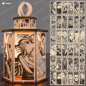 May include: A wooden Halloween lantern, 11 inches tall and 7 inches wide, featuring laser-cut horror movie characters. The lantern has a handle and the word "KILLER" is visible. The design includes characters like Chucky and Jason Voorhees.