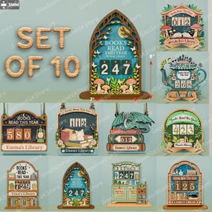 May include: A set of 10 wooden book counters with various designs. Each counter displays the text "Books Read This Year" and a number. The designs include a teapot, a dragon, and a library. The largest counter is 8 inches tall.