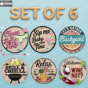 Funny Drink Bar Sign SVG-bundel, 6 ronde lasergesneden bestanden voor wijnbar, achtertuinfeest, happy hour, grill en chill houten decor /G265