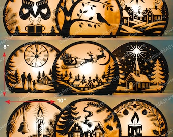 Christmas Lantern Bundle Of 9 Round Peaceful Winter Scene Designs With Church, Cabin, Candle And Santa Sleigh Holiday Light Display /G361