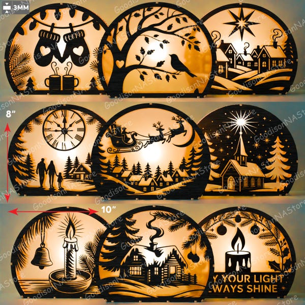 Kerstlantaarn bundel van 9 ronde ontwerpen voor vredig winters tafereel met kerk, hut, kaars en kerstmanslee vakantieverlichting /G361