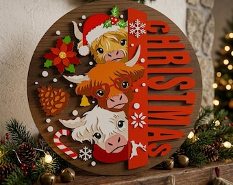 Christmas Highland Cow SVG Bundle, Layered Wooden Round Sign Cut Files, Cute Farmhouse Holiday Door Hanger, Winter Decor Gift /D46