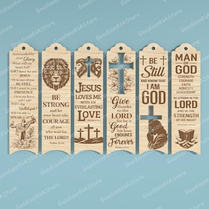 May include: A set of six wooden bookmarks with religious themes. Each bookmark features a unique design, including crosses, lions, and inspirational quotes. The bookmarks are light brown with dark brown engraved details and text.