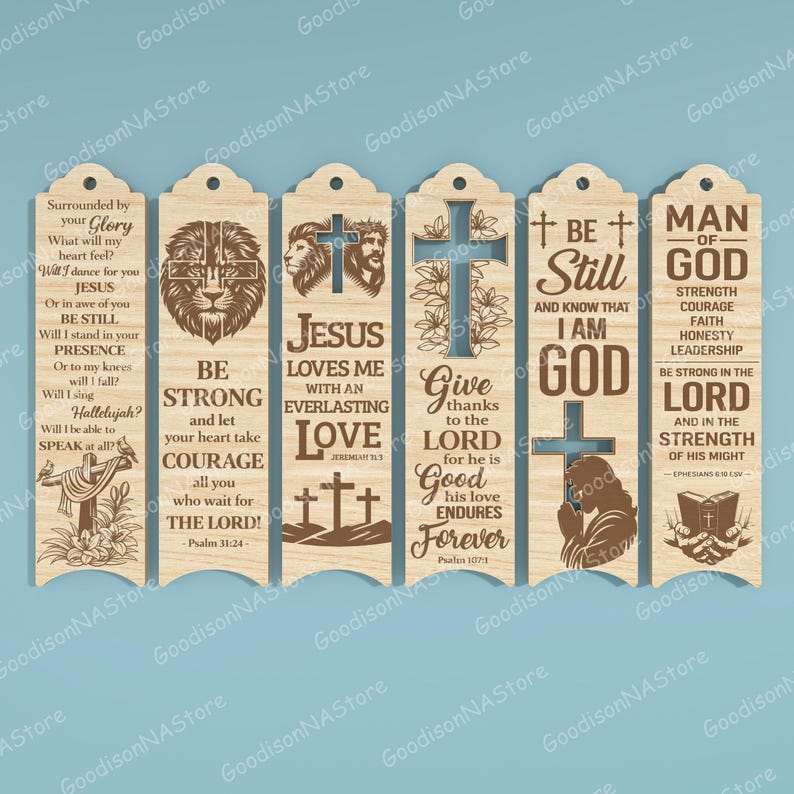 May include: A set of six wooden bookmarks with religious themes. Each bookmark features a unique design, including crosses, lions, and inspirational quotes. The bookmarks are light brown with dark brown engraved details and text.