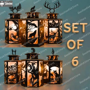 Pacote de lanternas SVG para vida selvagem, arquivos de caixa de luz com animais da floresta cortados a laser, decoração rústica para cabana de acampamento, urso, lobo, veado, coruja SVG /G219