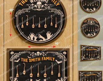 Personalized Halloween Door Sign Set, Witch Broom Family Name Wall Decor, Haunted House Entry Sign, Spooky Halloween Porch Decoration /G295