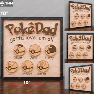 Fichier découpé au laser personnalisé signe Pokedad | Cadeau fête des pères Prénoms d'enfants personnalisés Boules Pokémon Cadeau fête des pères ringard/G117