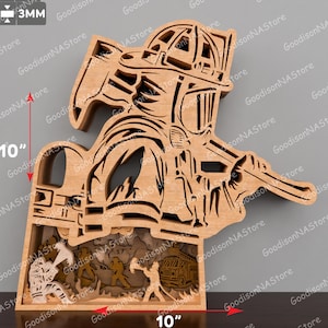 消防士 マルチレイヤー レーザーカット ファイル - 9 レイヤー、マルチレイヤー 消防士スタンド デコレーション カット ファイル SVG、消防士 SVG、消防士ギフト /P508